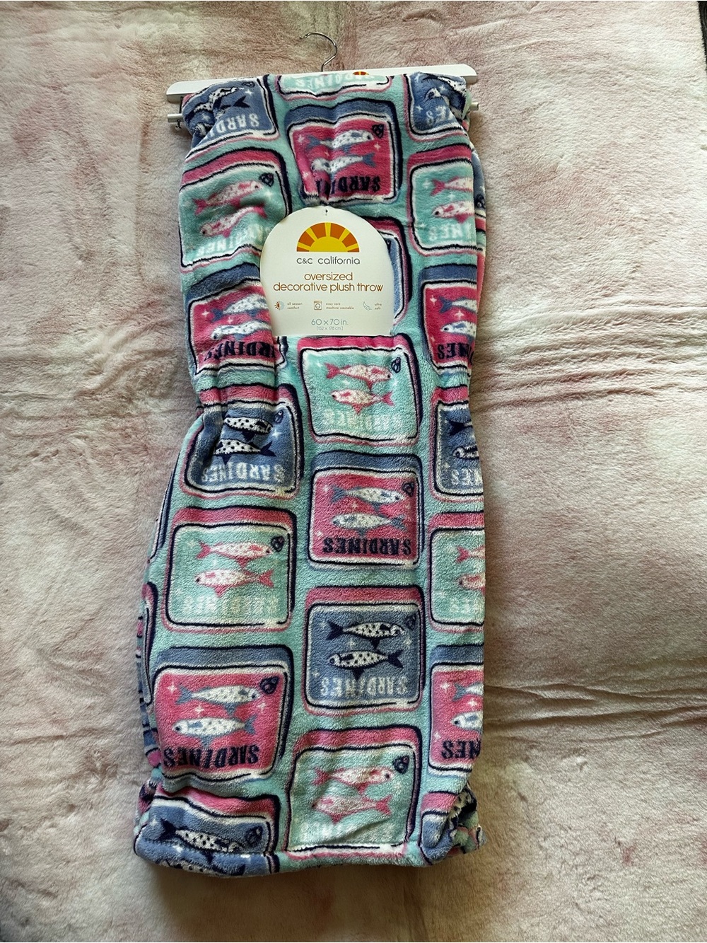 Pastel Fish Sardines Print - C&C California Oversized Decorative Plush Throw NWT